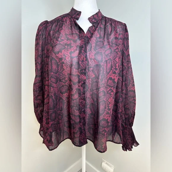 ALLSAINTS Leonie Stanza Shirt in Burgundy Red Python Sheer Print US Size 6 - Picture 3 of 17